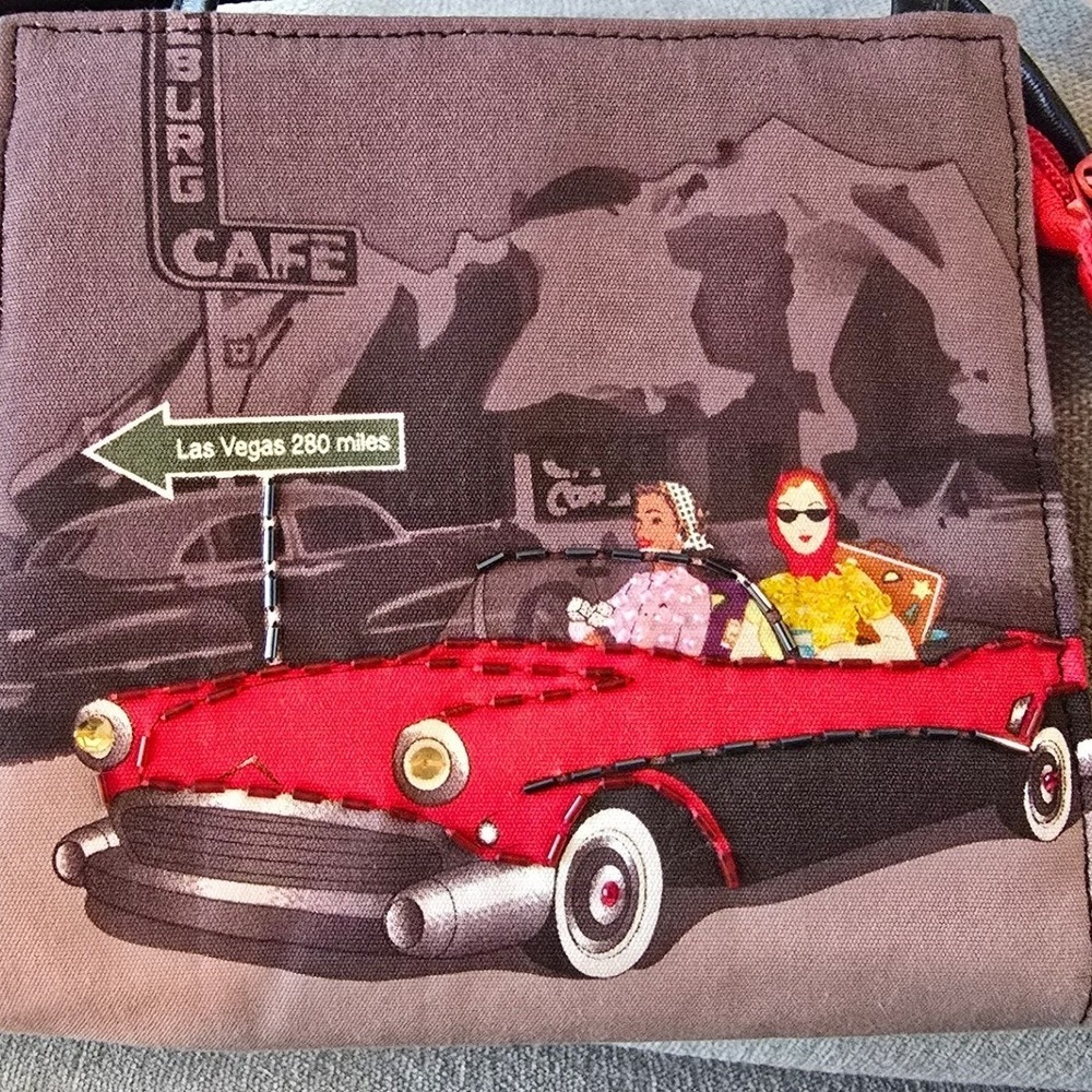 Vintage Style Las Vegas Road Trip Crossbody Bag Red Classic Car Applique Canvas